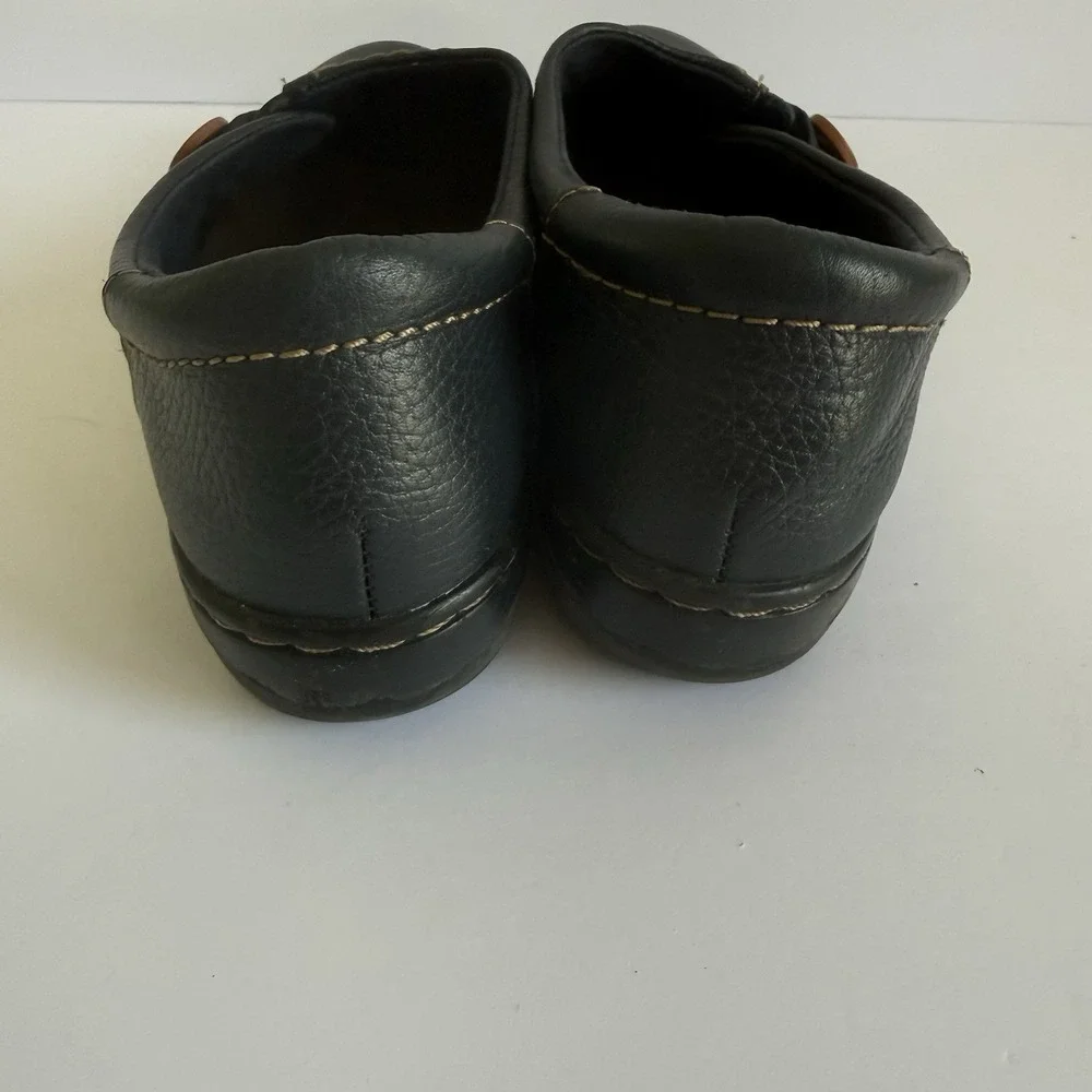 Clarks Soft Cushion Leather Slip On Double Button Loafers Women's 10M Navy Blue